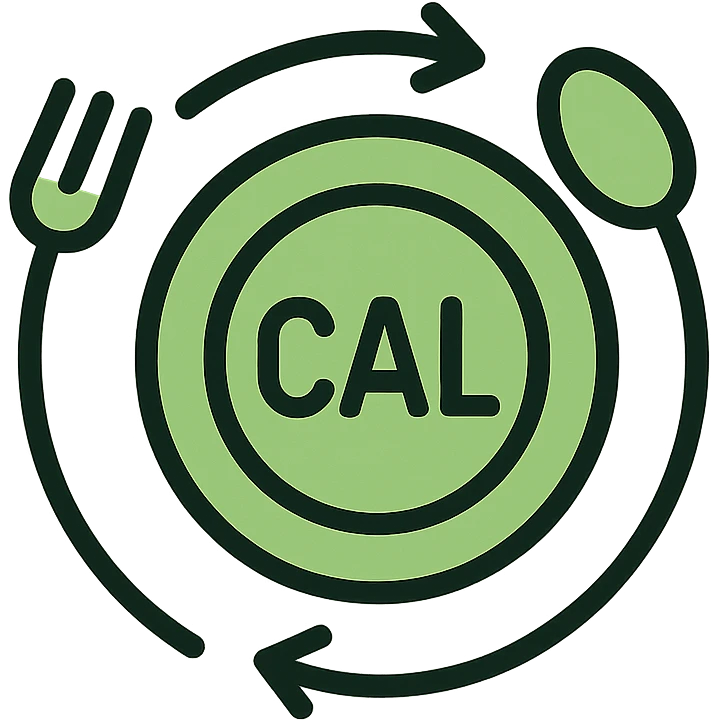 logo for a calories tracker app, flat icon style, green color scheme, plate with fork and spoon forming a circular arrow emoji
