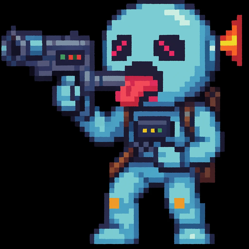 Make it pixel art style: Edit the emoji so it is putting the sci-fi blaster toward its tongue, keeping the pixel art style. emoji