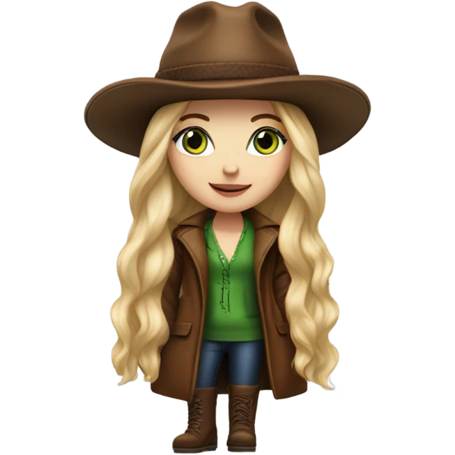 Realistic White girl with Long straight blonde hair, green eyes, tattoos, full body wearing Brown fur coat and fur hat and Brown leather boots emoji