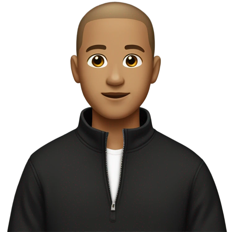 boy with very light brown skin, buzz cut, no facial hair, wearing a smart black quarter zip jumper with white t shirt underneath. emoji