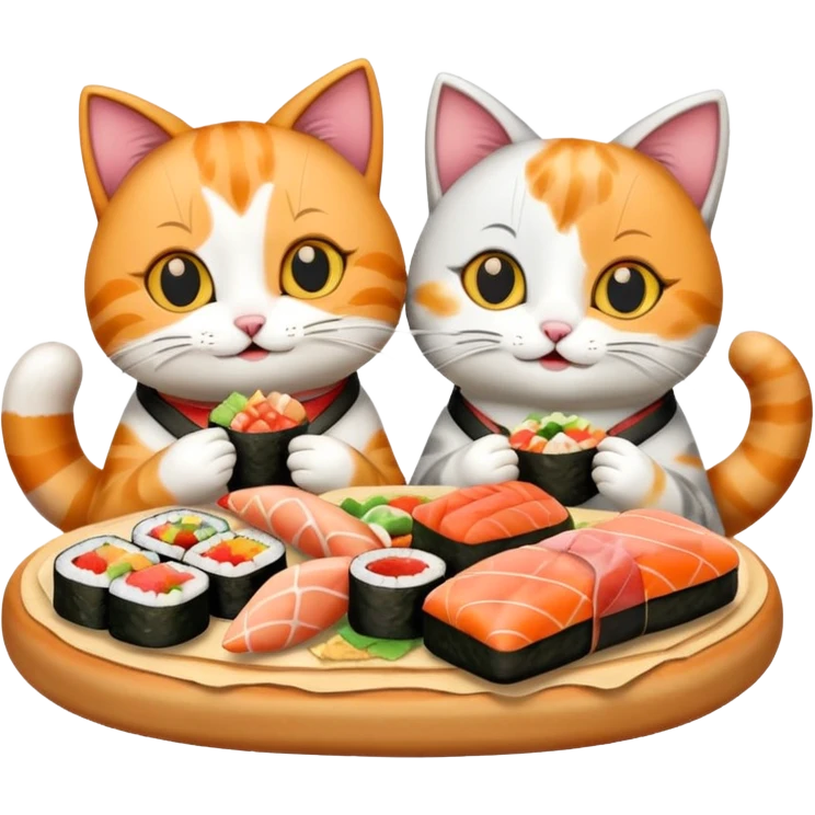 two happy cats eating sushi and pizza and donuts emoji