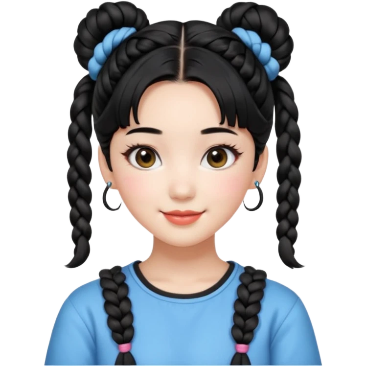 a beautiful girl face, wearing cute korean makeup, black hair, lower braided space buns with cute front bangs, kpop idol emoji