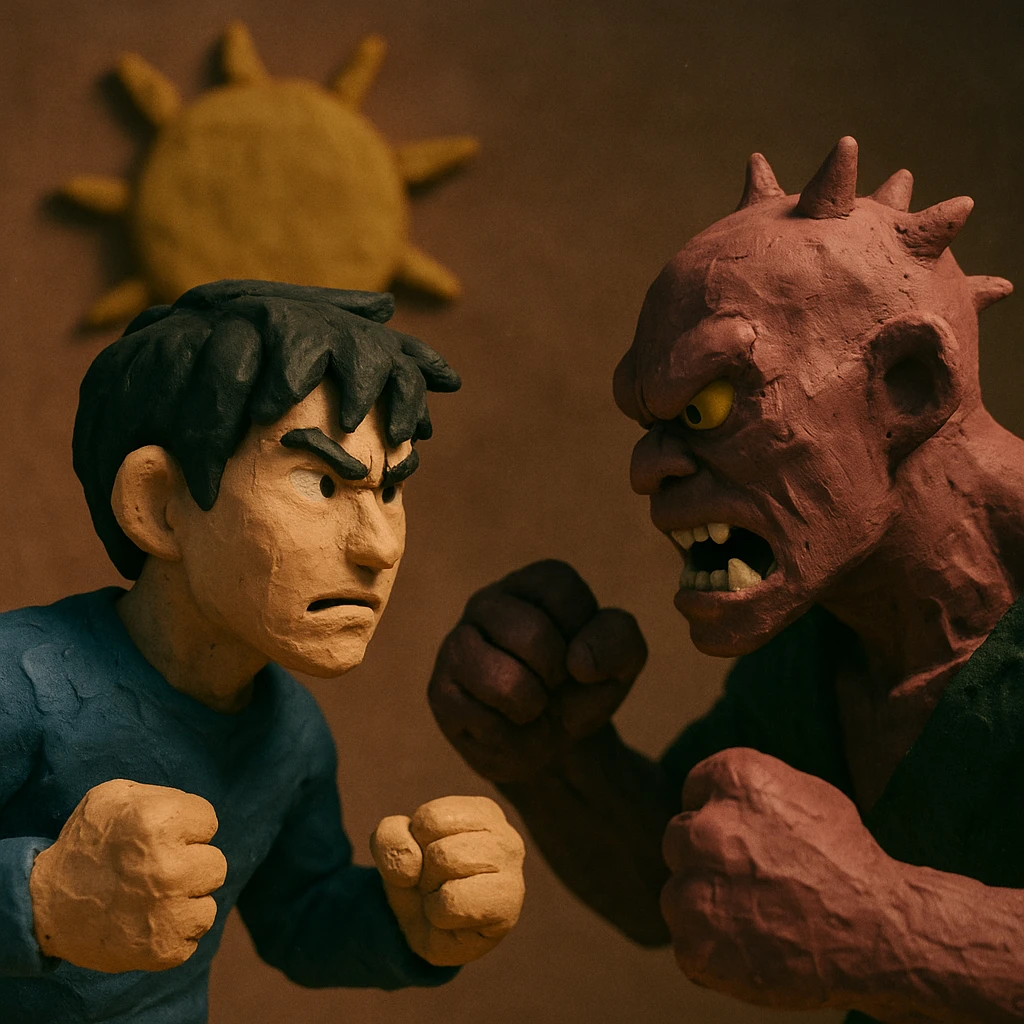Sun Jin Woo vs Baruka, ambiance dramatique, style claymation emoji