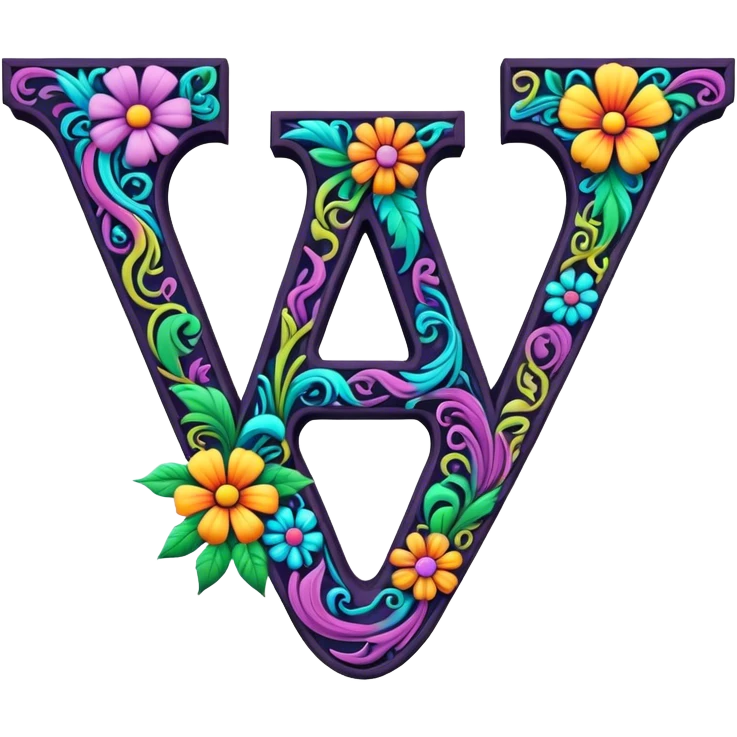 3D, gothic style psychedelic colored Letter V with hippie style flower border emoji