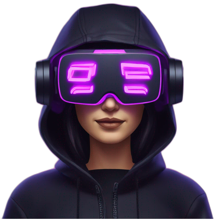 Cathie Wood wearing a black hoodie with "OMG" letters on it and VR headset in a cyberpunk VR environment with violet neon lighting. emoji