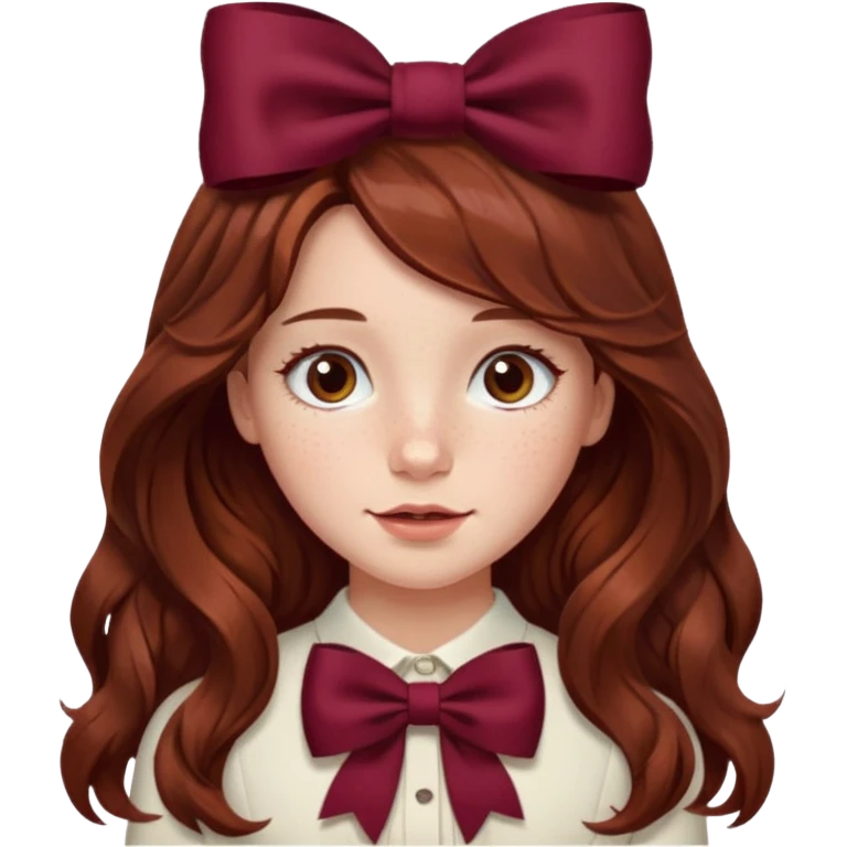 girl wavy long brown hair with a burgundy bow emoji