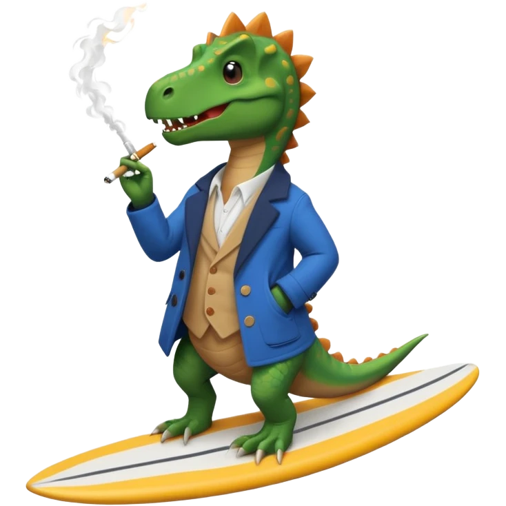 dinosual smokig a ciggerett while surfing wearing designer coat emoji