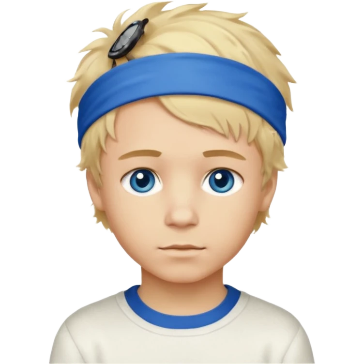 Create a look for a blond boy with long, tousled hair, light eyes, a white sweater, a wealthy appearance, blue eyes, and accessories like a Rolex or Cartier watch, and a cute face with messy hair down. blue eyes + headband white emoji