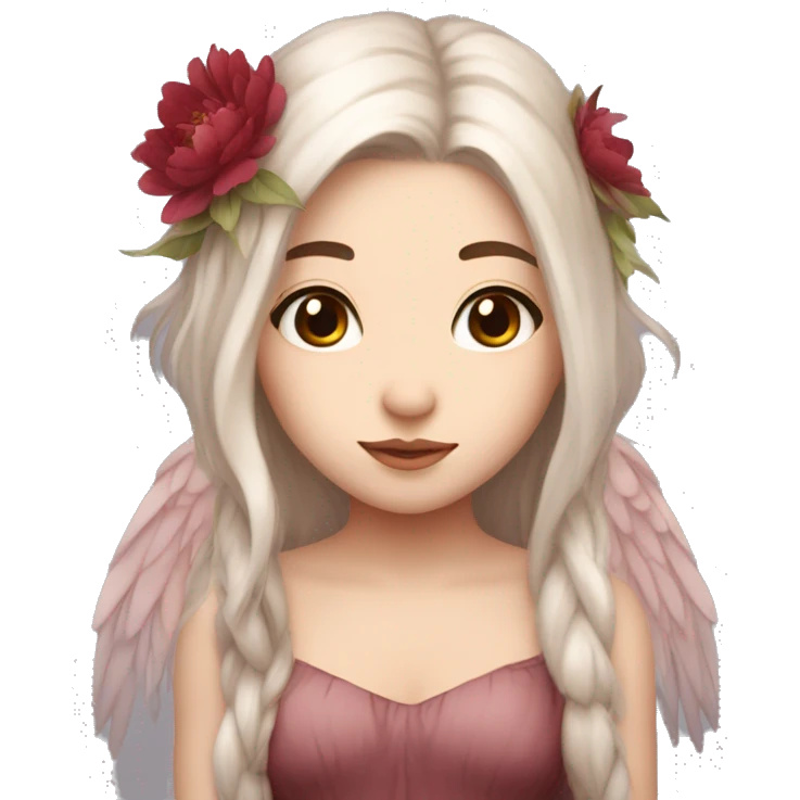 Beautiful, peony, fairy, light beige, long dark red hair, big wings, fair skin emoji
