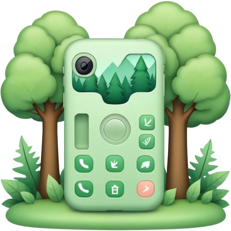 phone icon, pastel green color, forest theme with leaves, trees, nature elements emoji