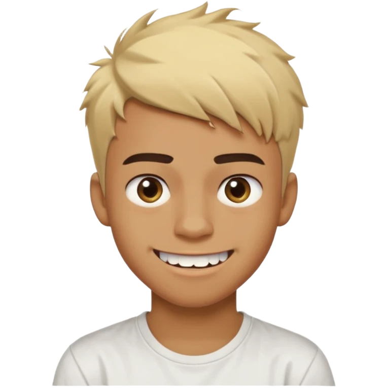 Short buzz, messy blonde hair. Dark brown bushy eyebrows large expressive golden-brown eyes, wearing a plain white t-shirt. Crooked grin showing imperfect teeth, one side raised higher than the other, grin with asymmetrical smile. Male Teenager. Brown skin color.  emoji