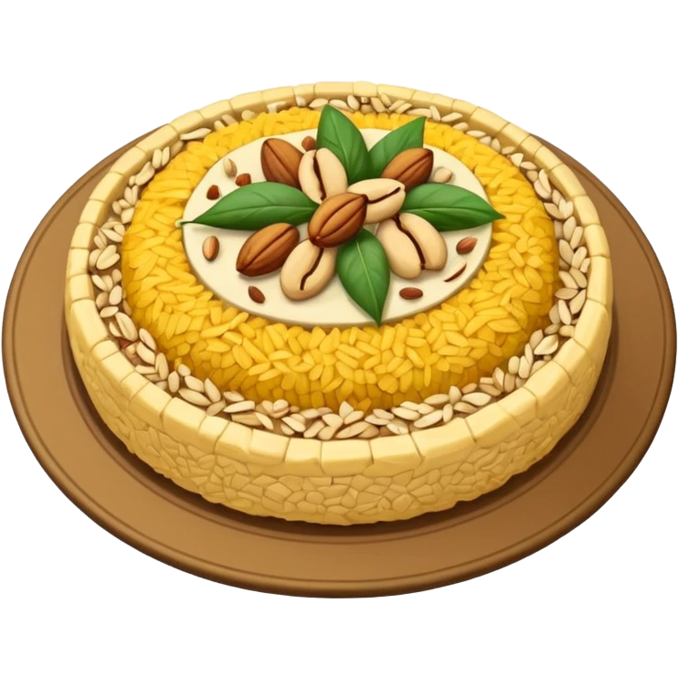 "Emoji of a Jordanian Mansaf dish — round platter with golden rice, lamb pieces, nuts on top, simple cute cartoon style, clean lines, white or transparent background." emoji