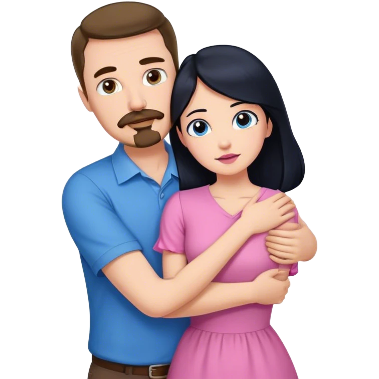 Tall white man with brown mustache goatee wearing blue hugging a short pale woman with long black hair wearing pink emoji
