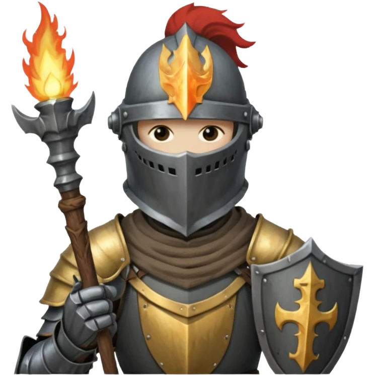 knight holding a short wooden torch in hand wearing darker, realistic iron armor, and a closed helmet fully covering the face in dark souls style emoji