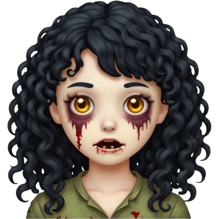 Emoji garota zombie com cabelo preto cacheado longo com franja cacheada sem volume emoji
