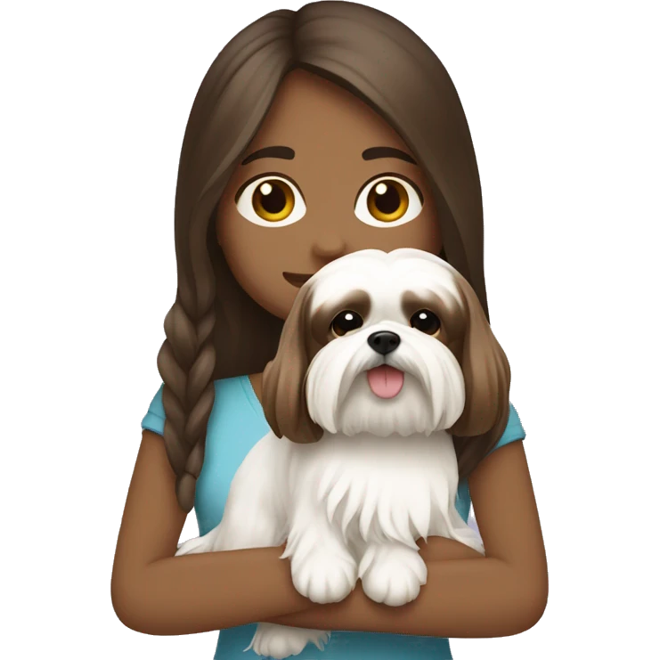 Girl with Brunette skin with brown long hair, hugging her white Shih tzu emoji