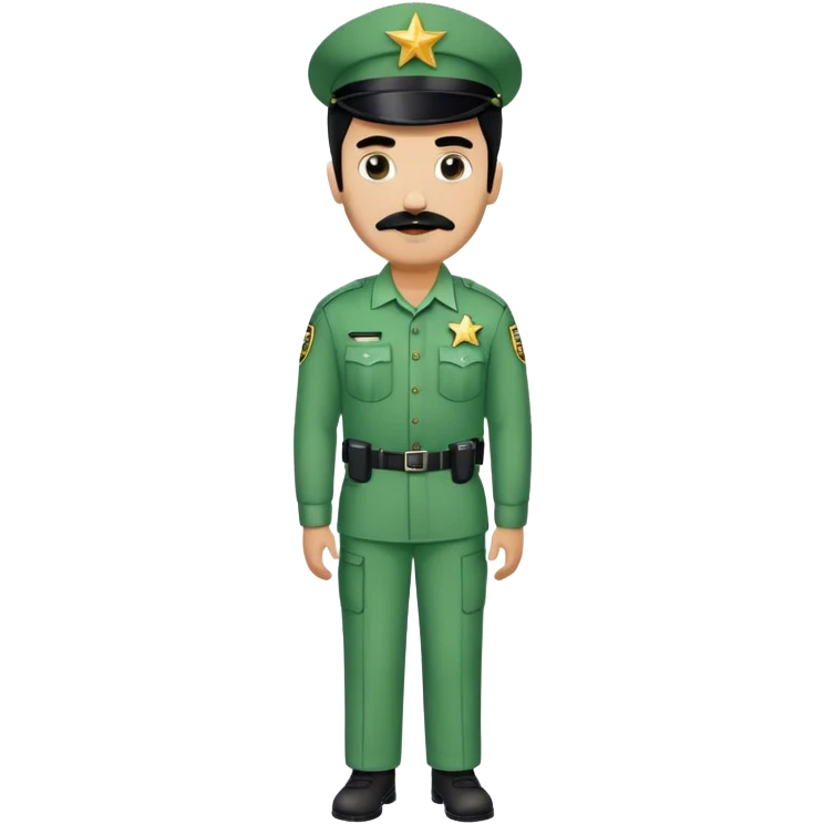 Chill guy in correctional officer green uniform. Full body. Black hair black mustache.  Light brown kin tone. Star badge  emoji