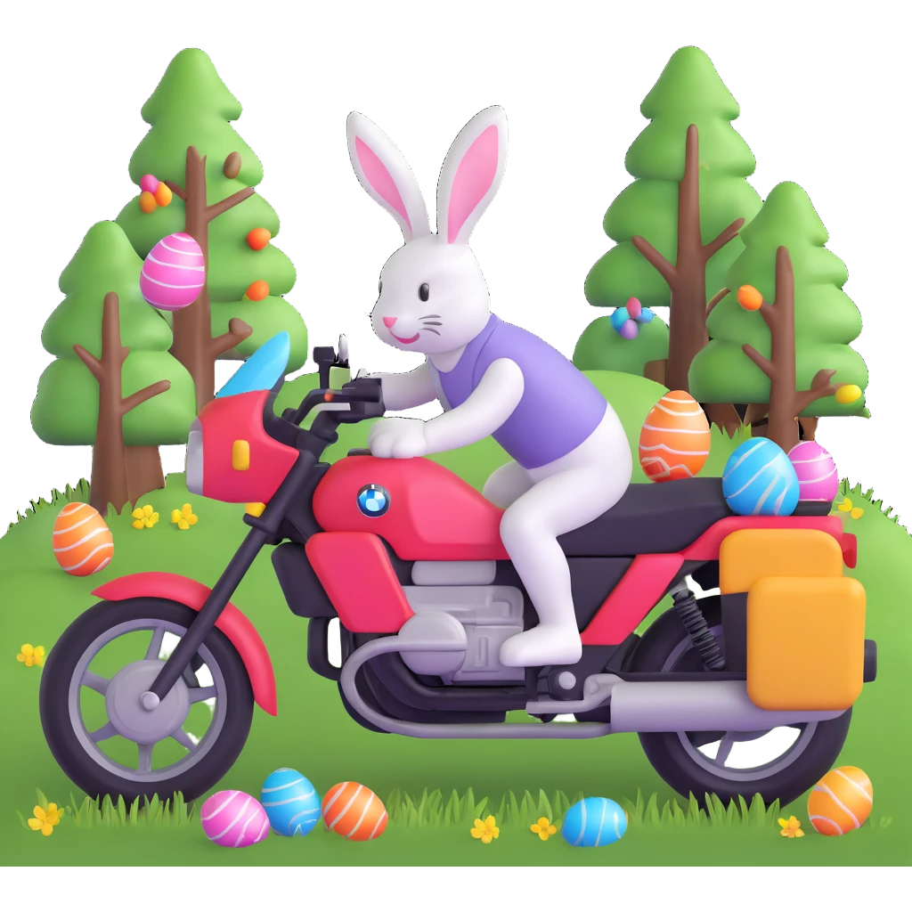 Easter bunny riding a BMW boxer motorcycle with trees and grass in the background, colorful Easter eggs hidden in the grass, and more bunnies watching from the side of the road emoji