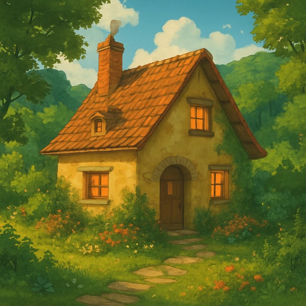 cozy cottage in a lush landscape with warm lighting in ghibli style emoji