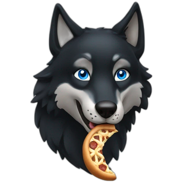 a full black wolf with blue eyes eating a bretzel emoji