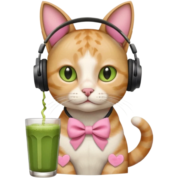 A cat wearing headphones with a glass of matcha, a pink bow on his ear emoji