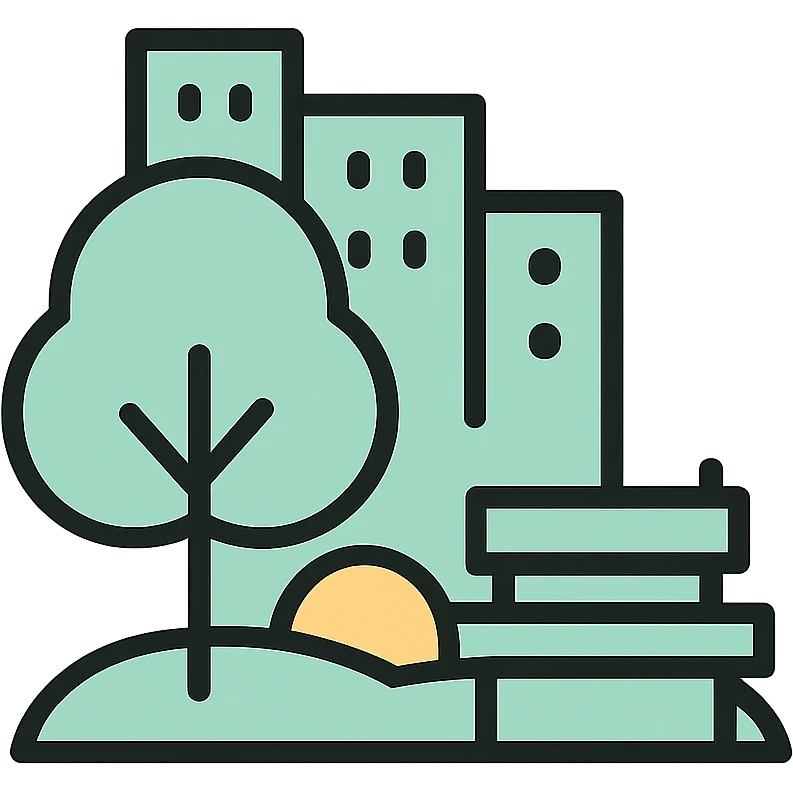 Skeuomorphic urban green space icon with mint green #B5F4D3 and black #111111 color scheme, showing park within city boundaries, clean symmetric design with subtle depth and soft light emoji