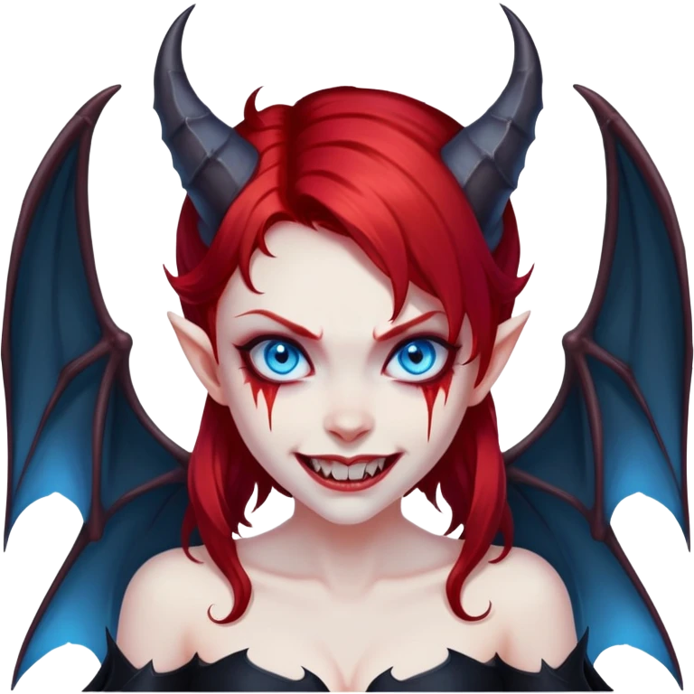 extremely diabolical girl with demonic bat wings, blood red hair, glowing blue eyes, black hellfire aura, sharp horns, evil grin emoji