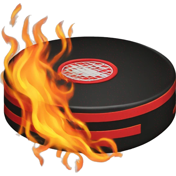 hockey puck with fire. color scheme black, red, gold emoji