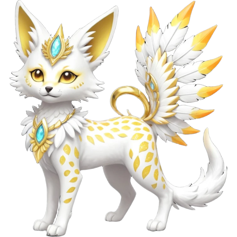 Epic complex fantasy glorious detailed futuristic divine godly angelic feathery sunny, white, albino, pastel, golden, orange glowing sparkly, realistic Fakémon-Sprigatito-Floragato-Meowscarada-Trico-Sergal-Serval-Solgaleo-Vernid-creature (full body) solarpunk, shiny sparkly with a gold laurel emoji