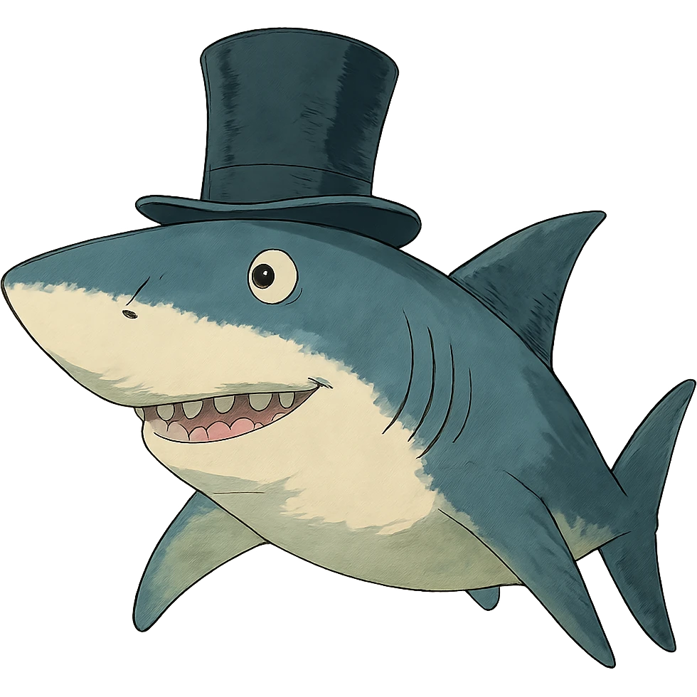 ghibli style shark with a top hat emoji