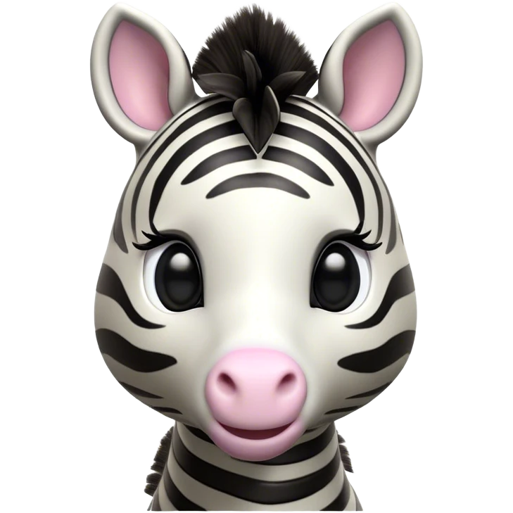 Cinematic Cute Zebra Portrait Emoji, Head tilted playfully and inquisitively, featuring a glossy, intricately striped Fur of black and white with round, sparkling eyes filled with curious wonder, Simplified yet irresistibly adorable features, highly detailed, glowing with a warm, friendly glow, high shine, affectionate and spirited, stylized with a touch of savannah whimsy, bright and endearing, soft glowing outline, capturing the essence of a mischievous yet loving zebra, so playful it feels like it could prance out of the screen and into your arms! emoji