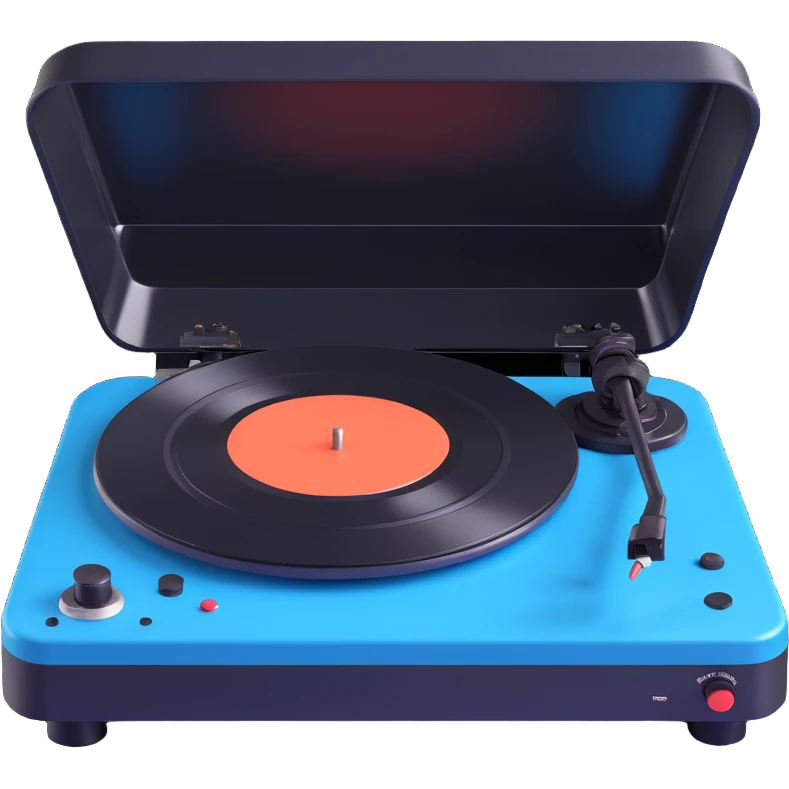 Make the Technics-style turntable look more vintage with playful rounded features in a Disney Pixar 3D style. Use black and blue as the main colors, avoid neon colors entirely, and keep the look vintage and playful without neon. emoji