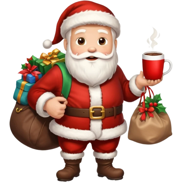 Санта клаус с мешком подарков за спиной и кружкой какао в руке emoji