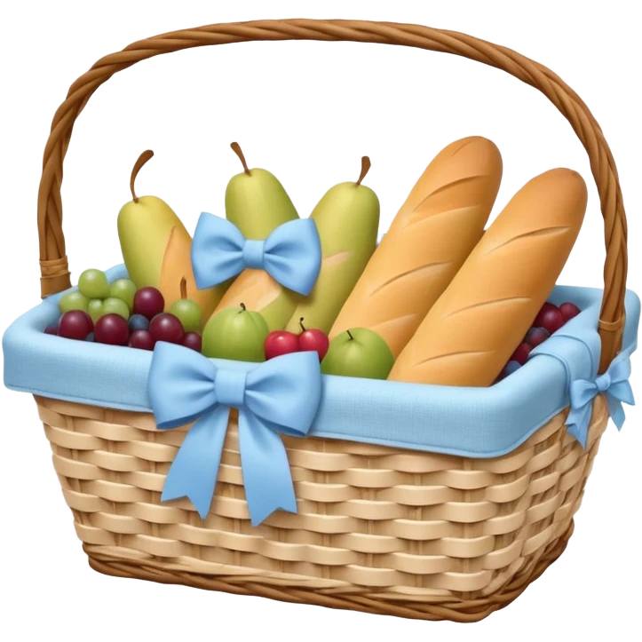 A white Picnic basket with pastel blue bow，contained baguettes and fruit, emoji