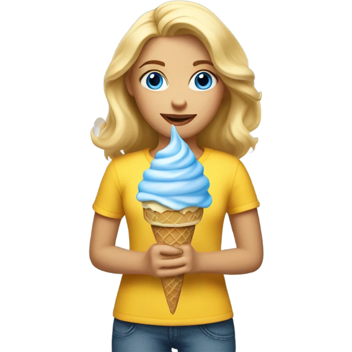 Girl with mid length blonde hair, blue eyes, yellow shirt, holding vanilla ice cream cone emoji