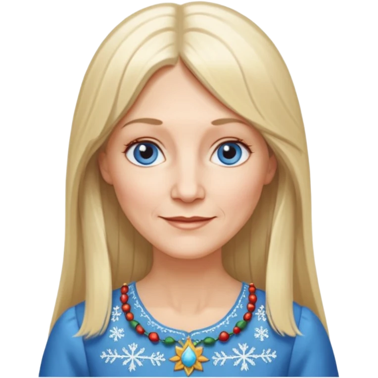 50 yr old white woman, hippie parted very long hair, short bangs, very long straight blond hair, oval face, small smile, blue eyes, thin face, hair downback, hair parted at center of head, round cheeks, pale, longer hair, white christmas dress emoji
