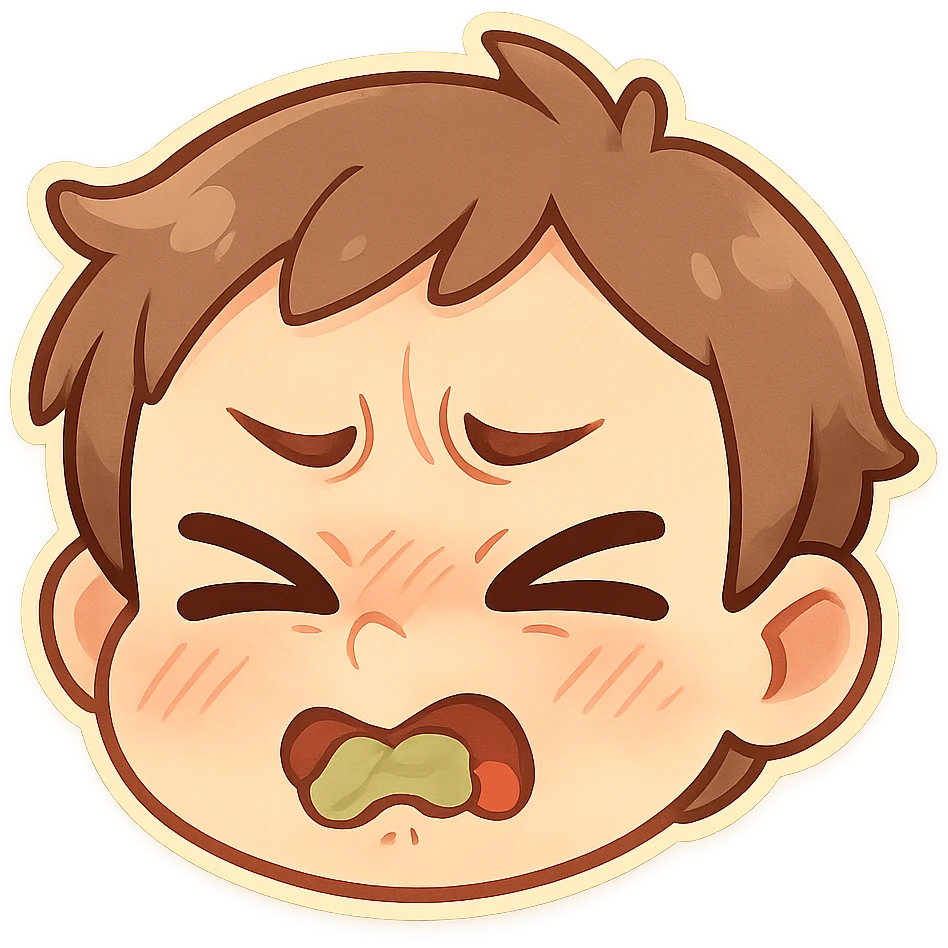 cartoon face with scrunched nose and wide eyes, showing regret after tasting something bad, no text emoji