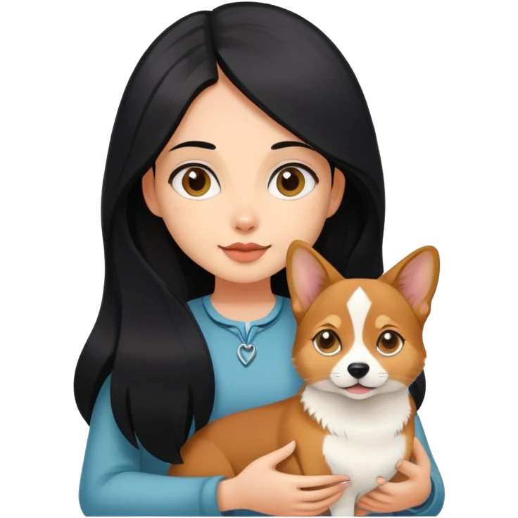 The girl with long black hair holding a corgi and a Abyssinian cat emoji