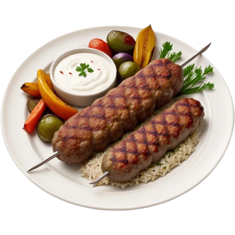 Cinematic Realistic image of a long, hand shaped Turkish Köfte, rendered with richly spiced meat textures and subtle grill marks, artfully arranged on a traditional Turkish ceramic plate alongside classic sides such as a serving of aromatic pilaf, crisp grilled vegetables, and a dollop of creamy yogurt, all bathed in warm, appetizing lighting that emphasizes its savory allure. emoji