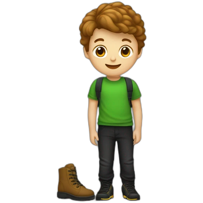 jongen met een bruine huisdkleur en groen en t-shirt en zwarte broek en zwarte schoenen emoji