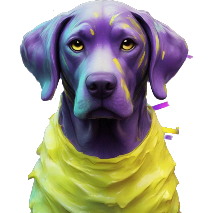 .Zombie_ Vaporwave black holographic oilslick zombie yellow Labrador zombie dog yellow caution tape graffiti stripes iridescent blue purple mane yellow stripes emoji