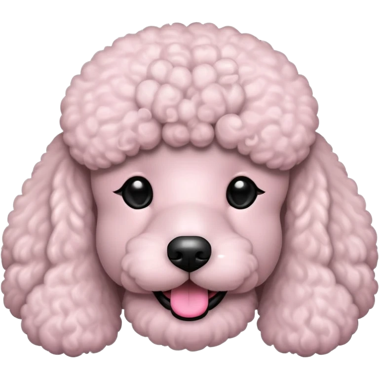 Minimalist cartoon-style poodle face emoji, front view, clean flat design, no shadows, no fur texture, round black eyes, small black nose, pink tongue, light grey or white fur, simple outline, in the style of iPhone emoji — not realistic, not detailed emoji