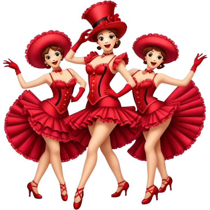 Cinematic Realistic Can-can Dance Emoji, depicted as a lively cabaret dance scene with flouncy costumes and dynamic energetic movement, rendered with vibrant textures and playful theatrical lighting that captures the spirit of French cabaret. emoji