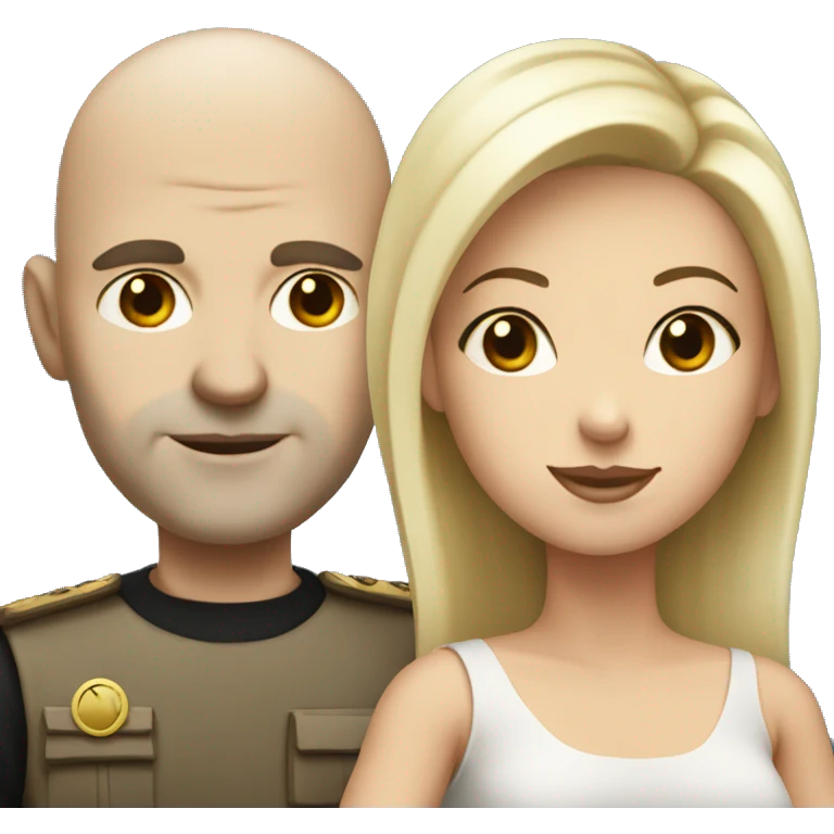 White bald man with black eyebrows holding long blond woman emoji