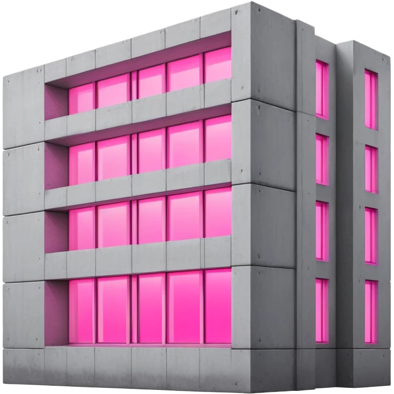 Minimalist Russian-style gray concrete panel building with one window glowing bright pink from grow lights inside, simple rectangular structure with brutalist architecture emoji