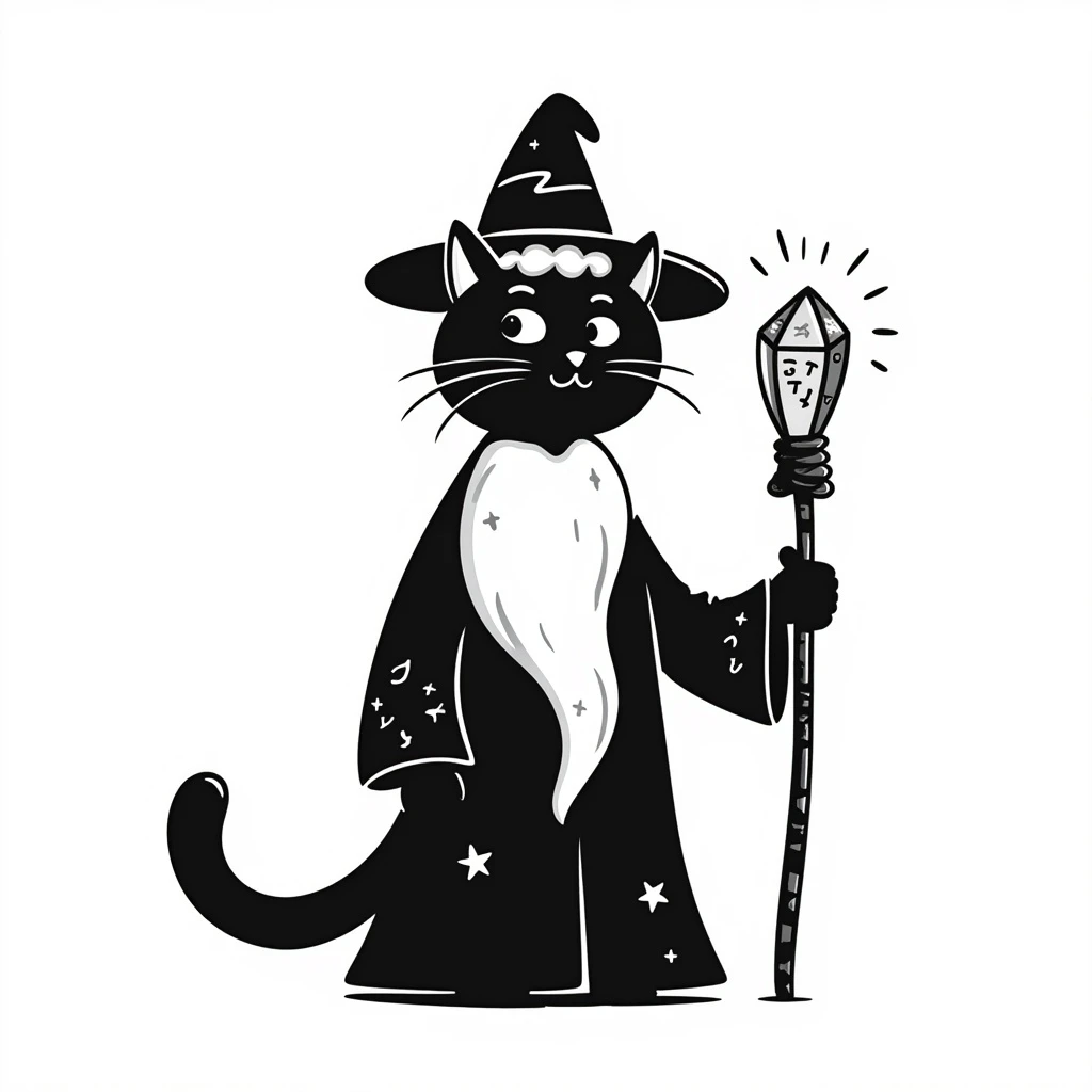 a wizard cat with a magic staff, hand-drawn doodle style emoji
