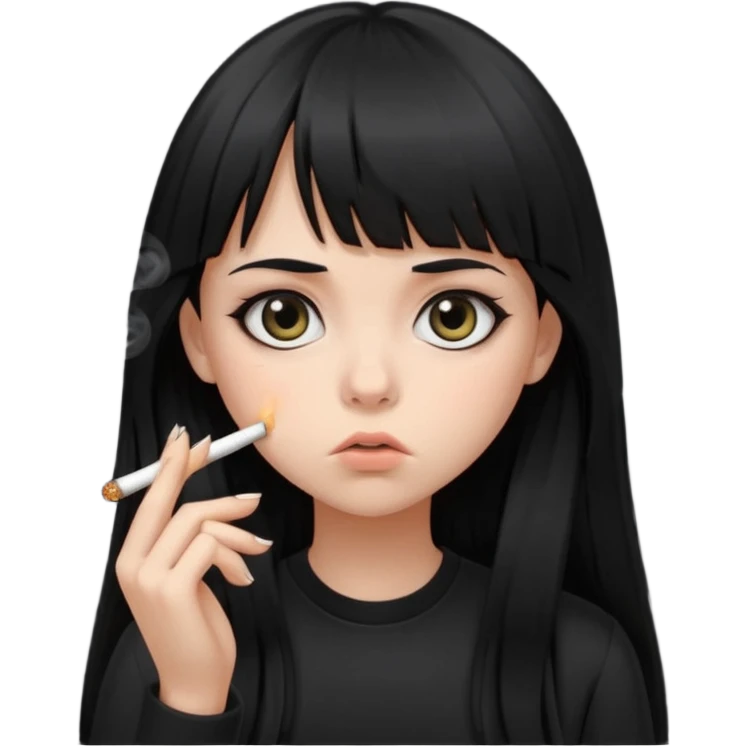 teen girl with long black hair and straight bangs, big eyes looking tired, not smiling, all black clothes, smoking cigarette emoji