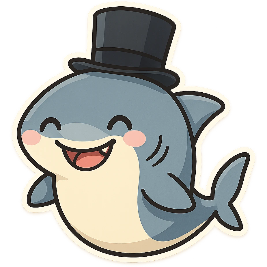 cartoon shark with a fancy top hat, smiling emoji