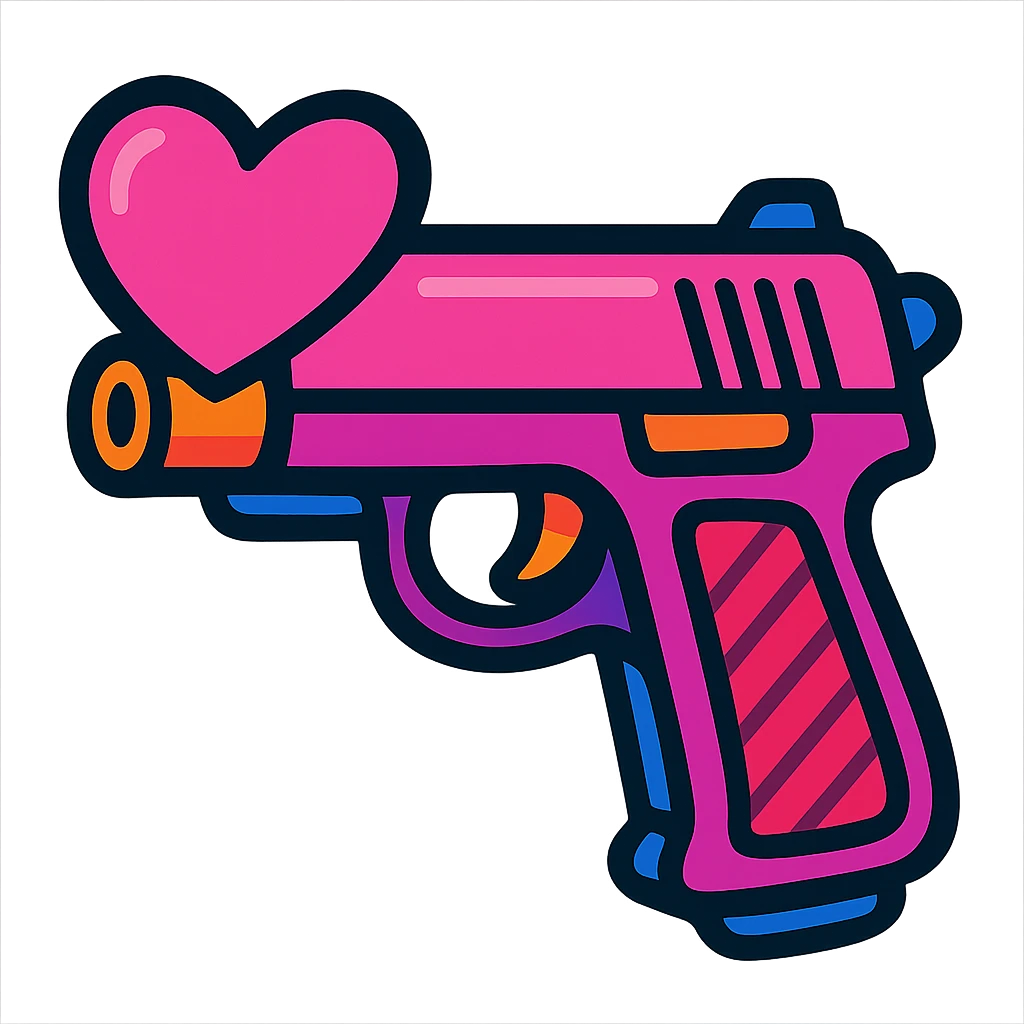 pink heart pistol, vibrant toon style, bold outlines, playful look emoji