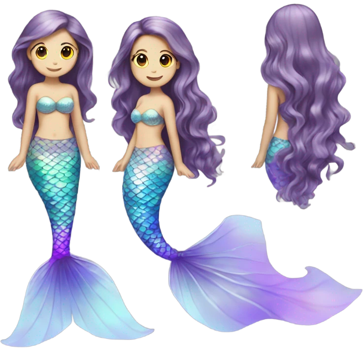 Iridescent mermaid tail full body white girl long hair brown and purple emoji